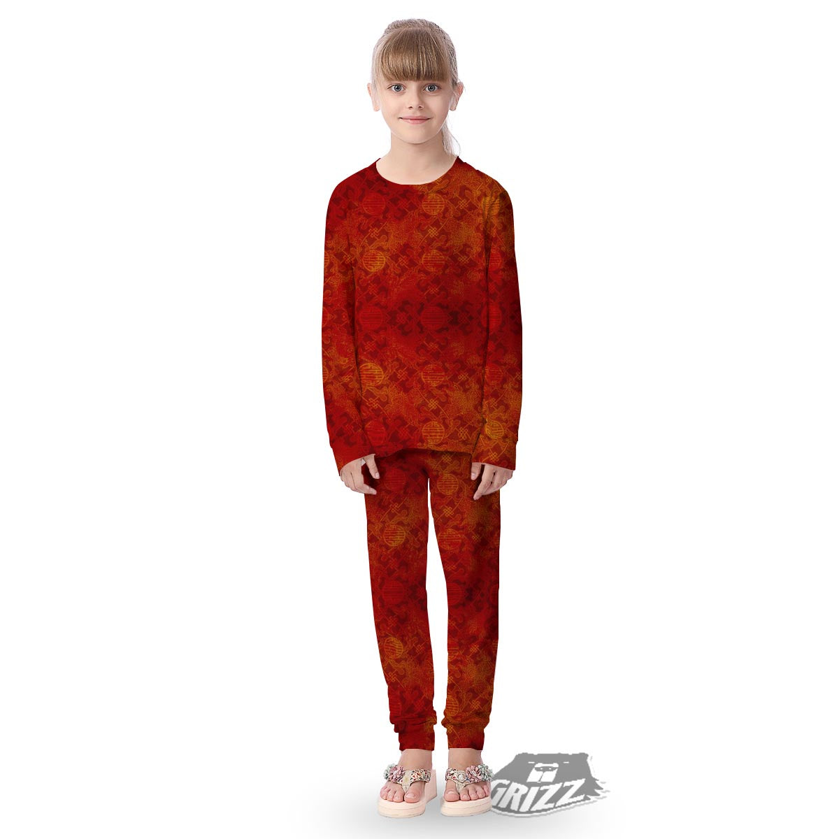 Chinese Red Print Pattern Kid's Pajamas-grizzshop