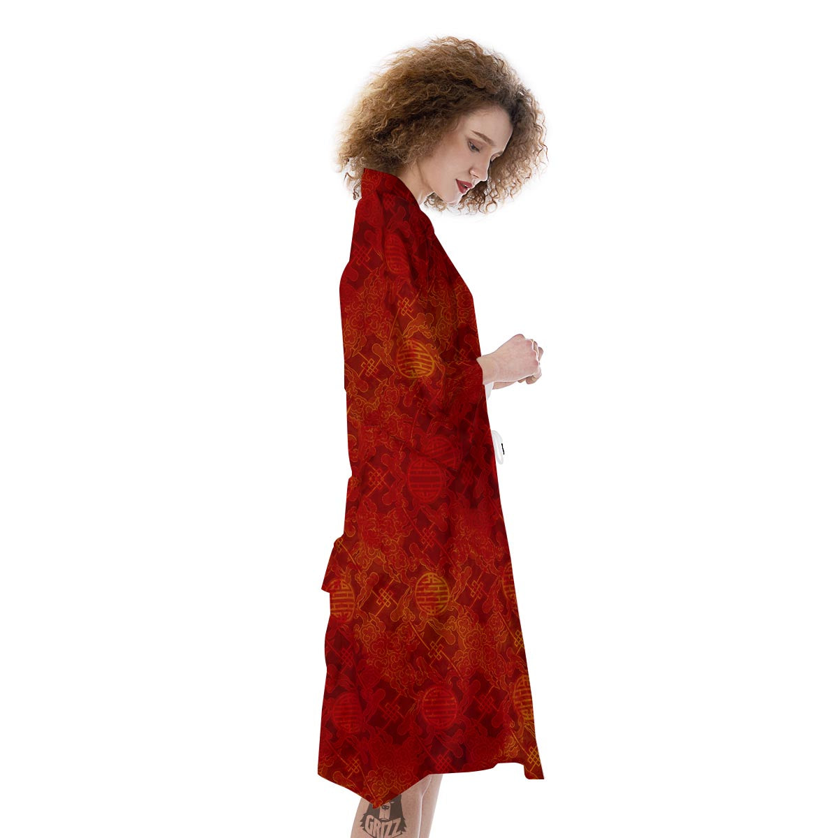 Chinese Red Print Pattern Kimono-grizzshop