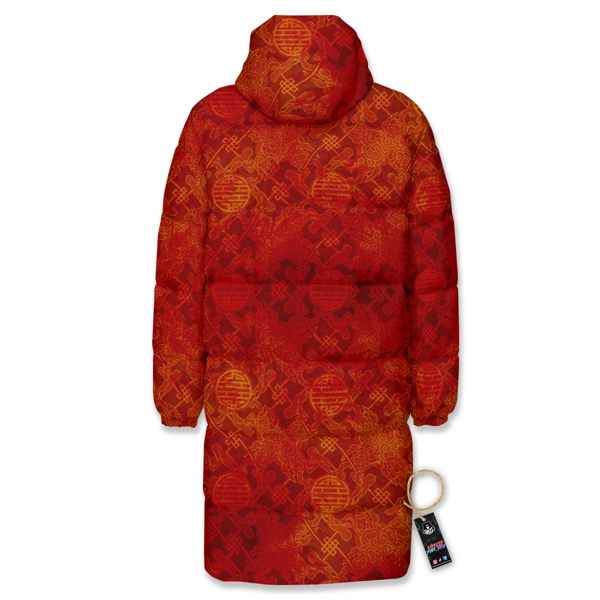 Chinese Red Print Pattern Long Down Jacket-grizzshop