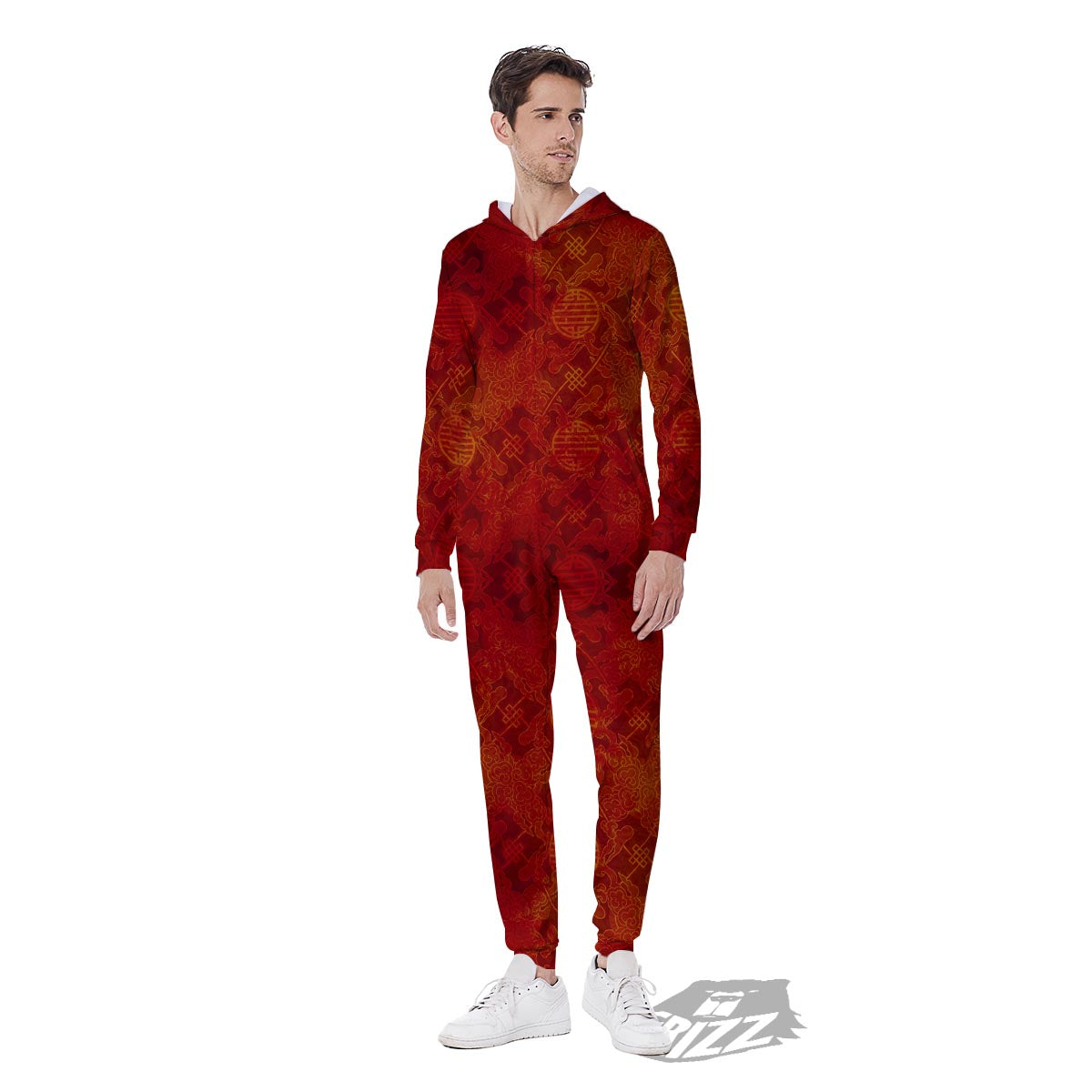 Chinese Red Print Pattern Men's Jumpsuit-grizzshop