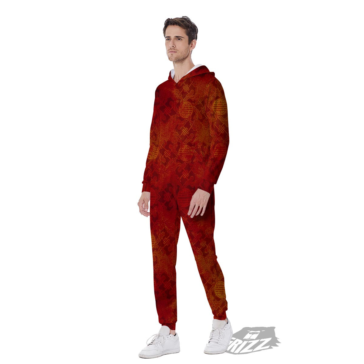 Chinese Red Print Pattern Men's Jumpsuit-grizzshop