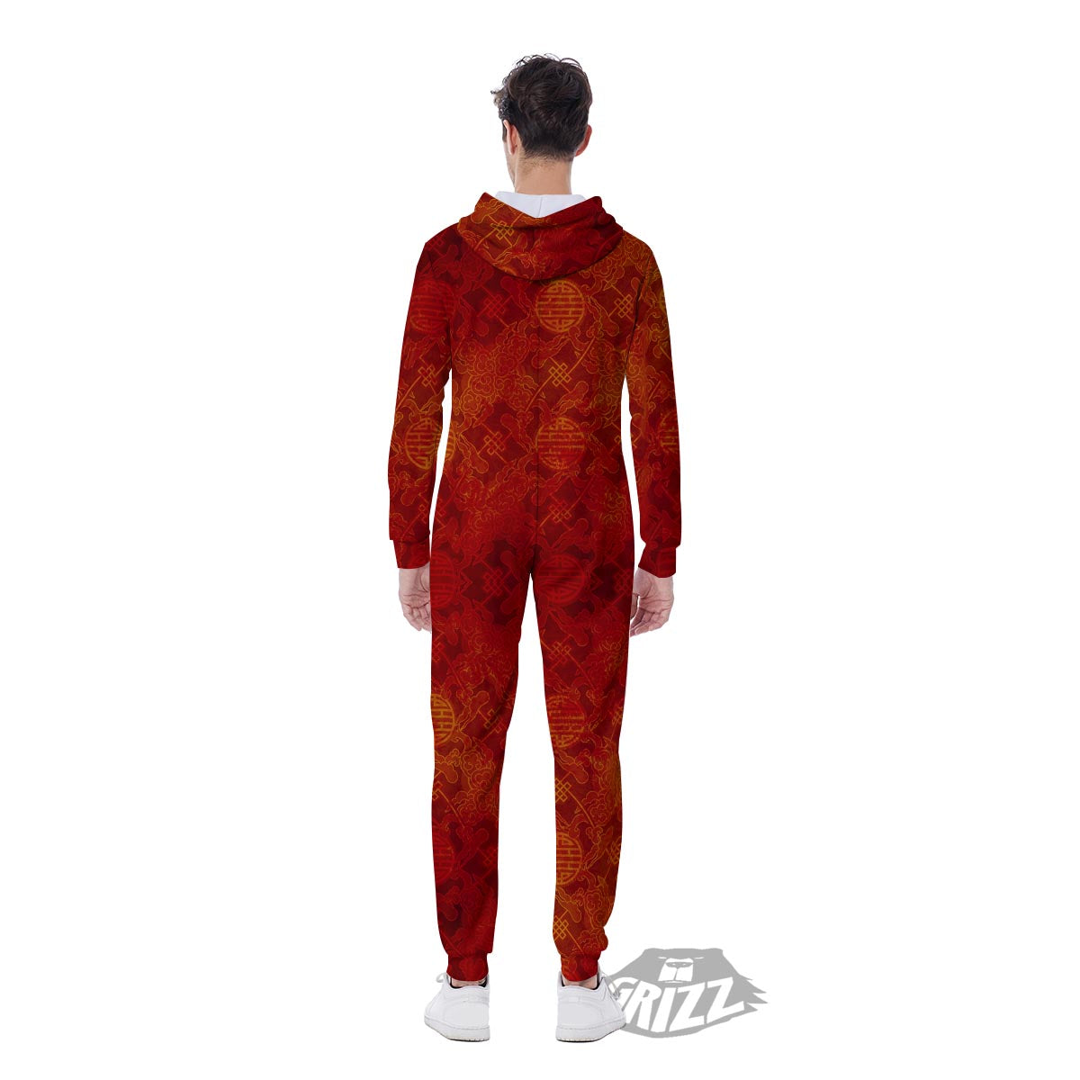 Chinese Red Print Pattern Men's Jumpsuit-grizzshop