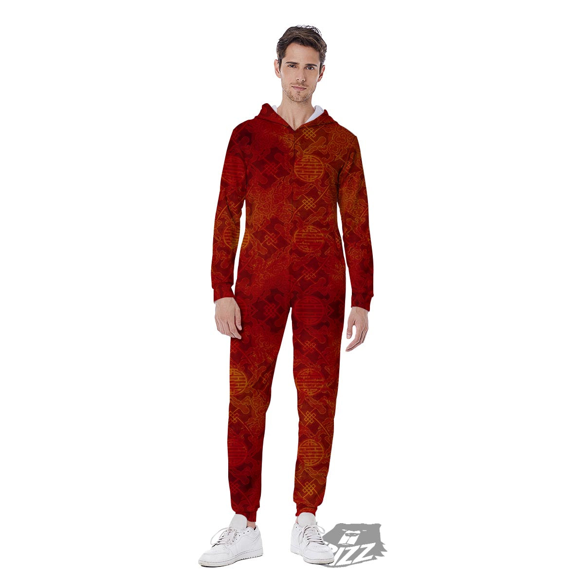 Chinese Red Print Pattern Men's Jumpsuit-grizzshop