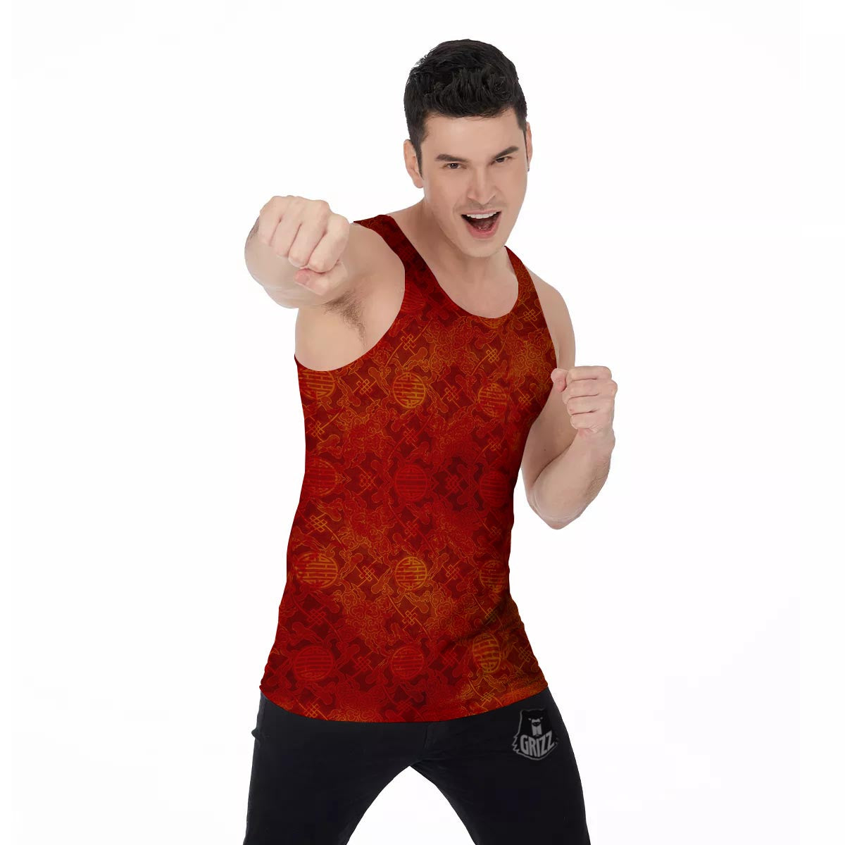 Chinese Red Print Pattern Men's Tank Top-grizzshop