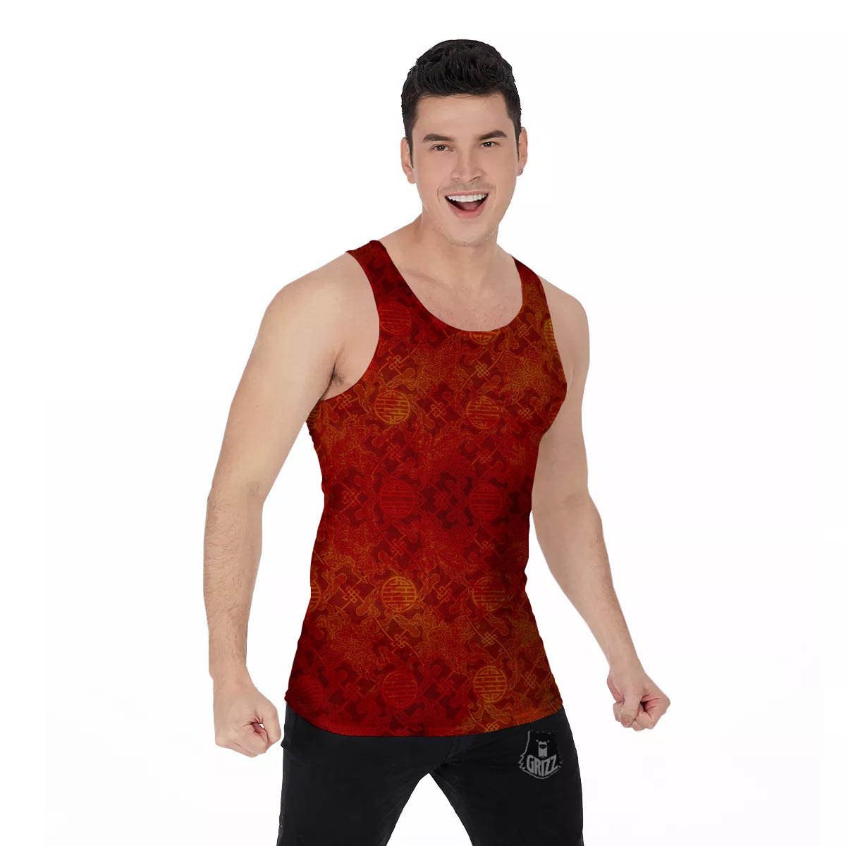 Chinese Red Print Pattern Men's Tank Top-grizzshop