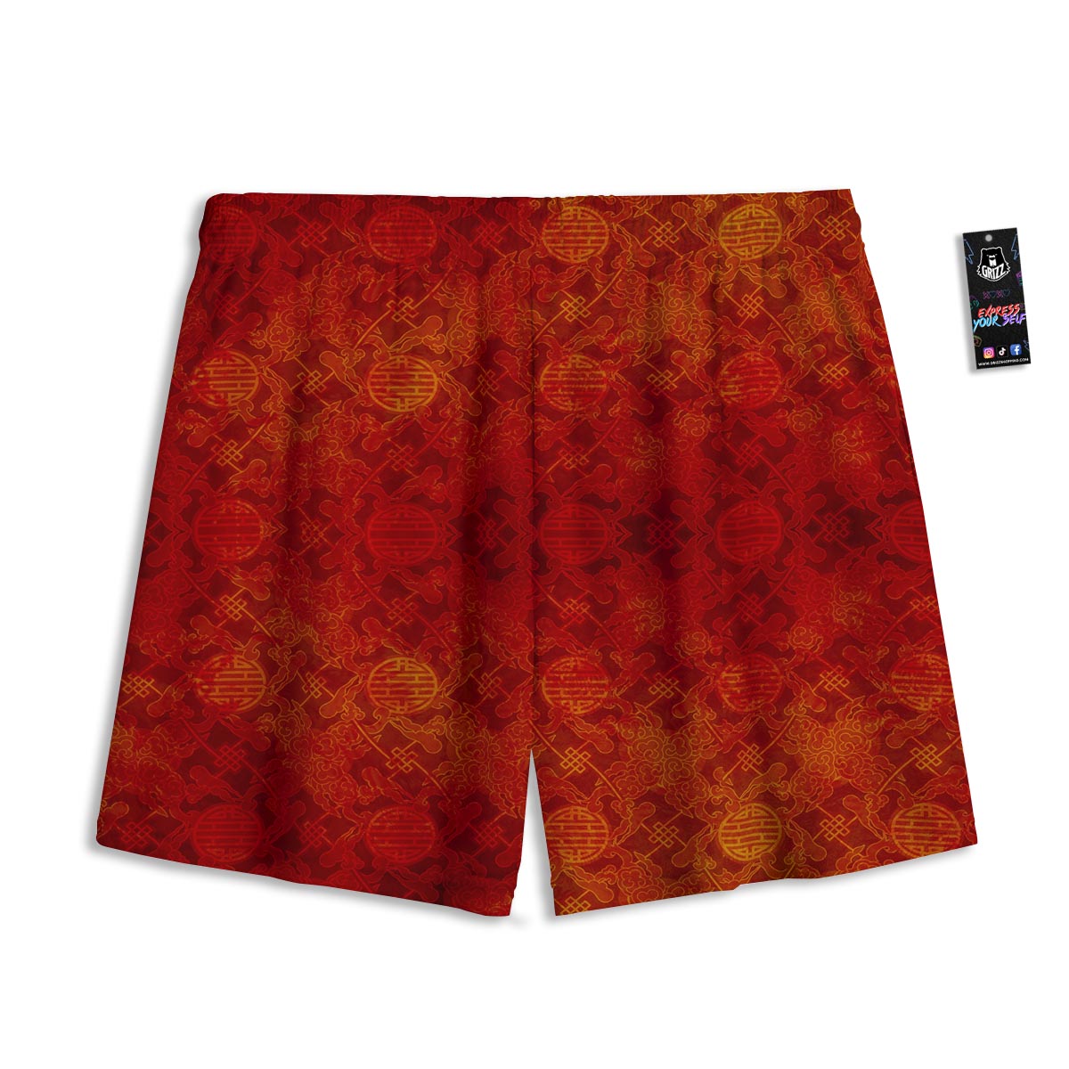 Chinese Red Print Pattern Mesh Shorts