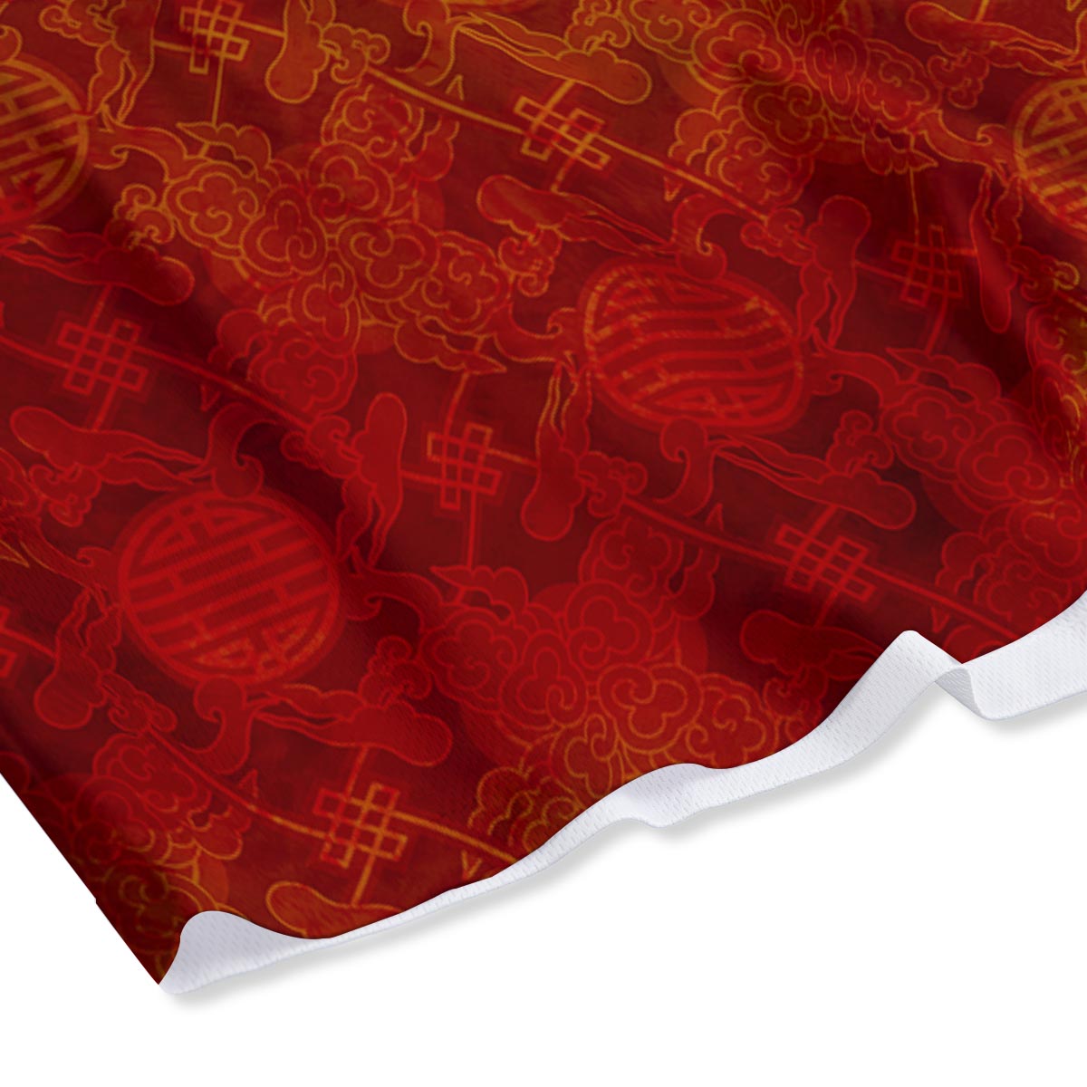 Chinese Red Print Pattern Mesh Shorts
