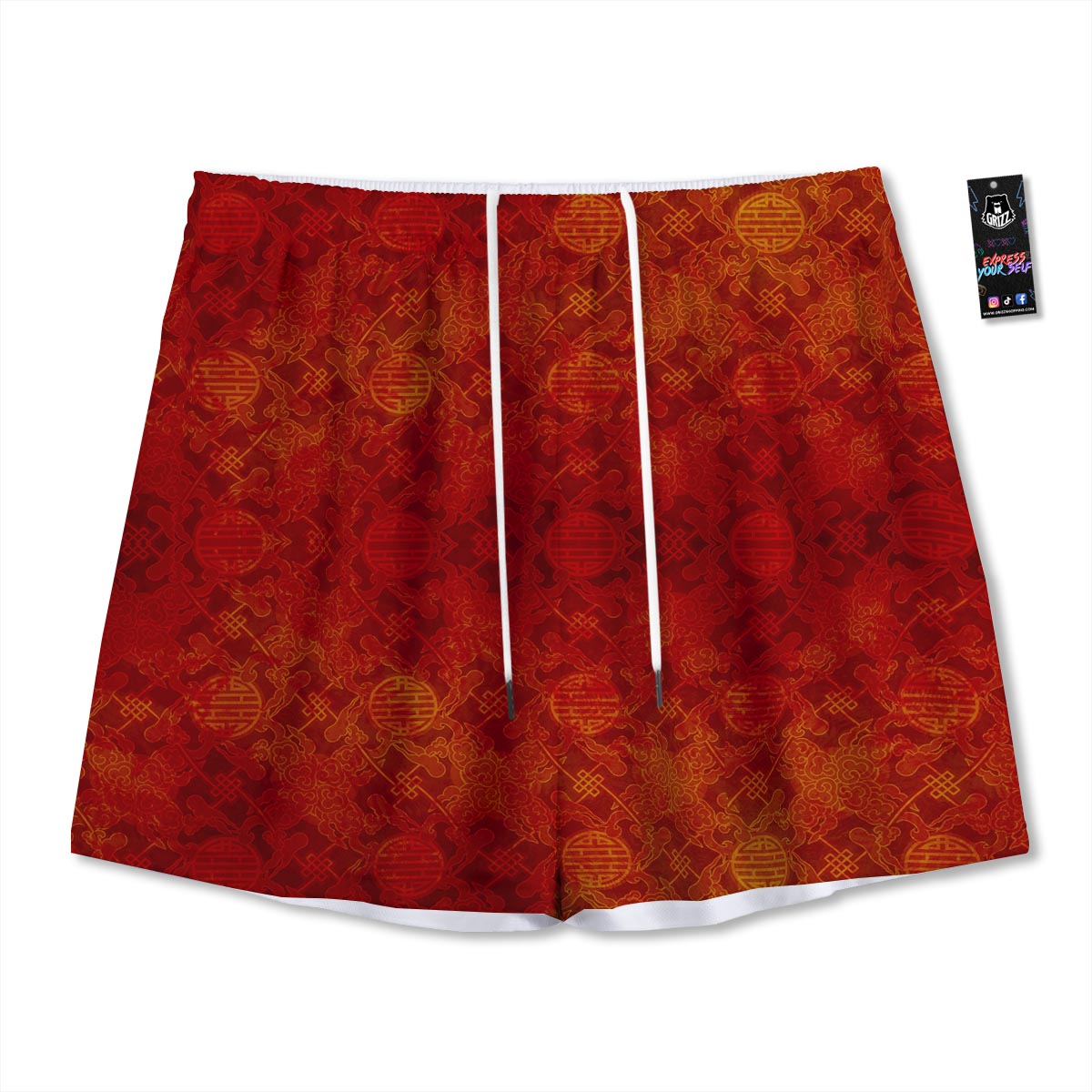 Chinese Red Print Pattern Mesh Shorts