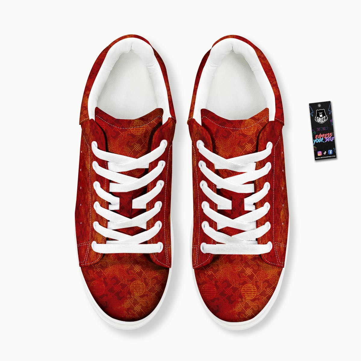 Chinese Red Print Pattern Platform Shoes-grizzshop