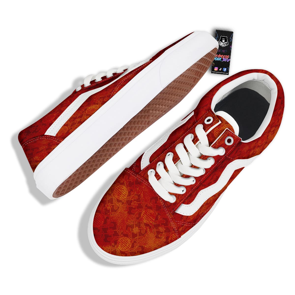 Chinese Red Print Pattern Skate Shoes-grizzshop