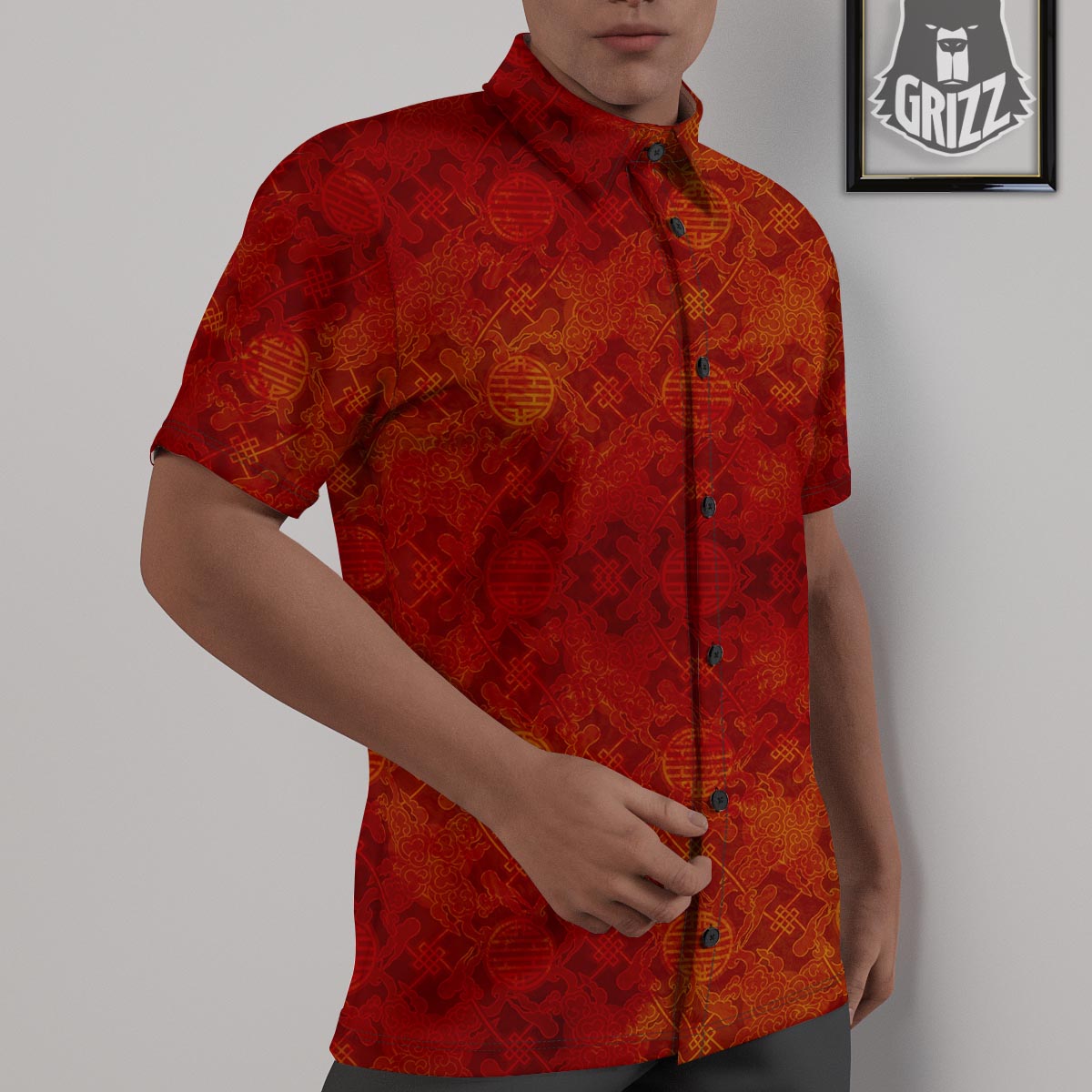Chinese Red Print Pattern Untucked Shirts-grizzshop