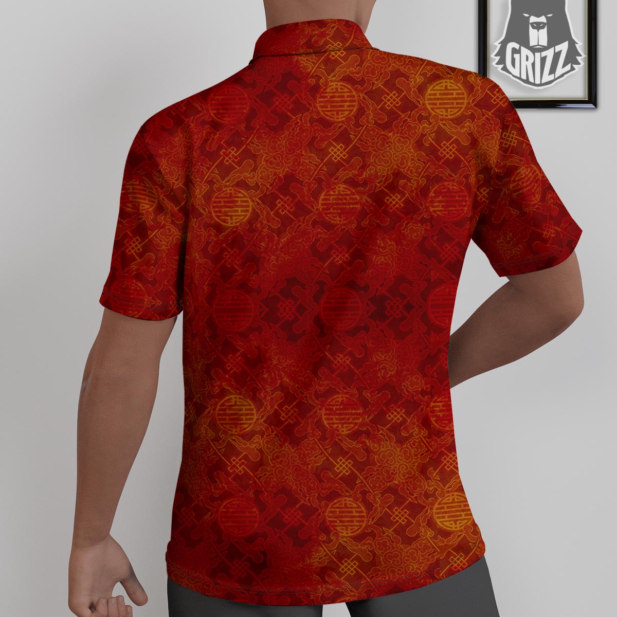 Chinese Red Print Pattern Untucked Shirts-grizzshop