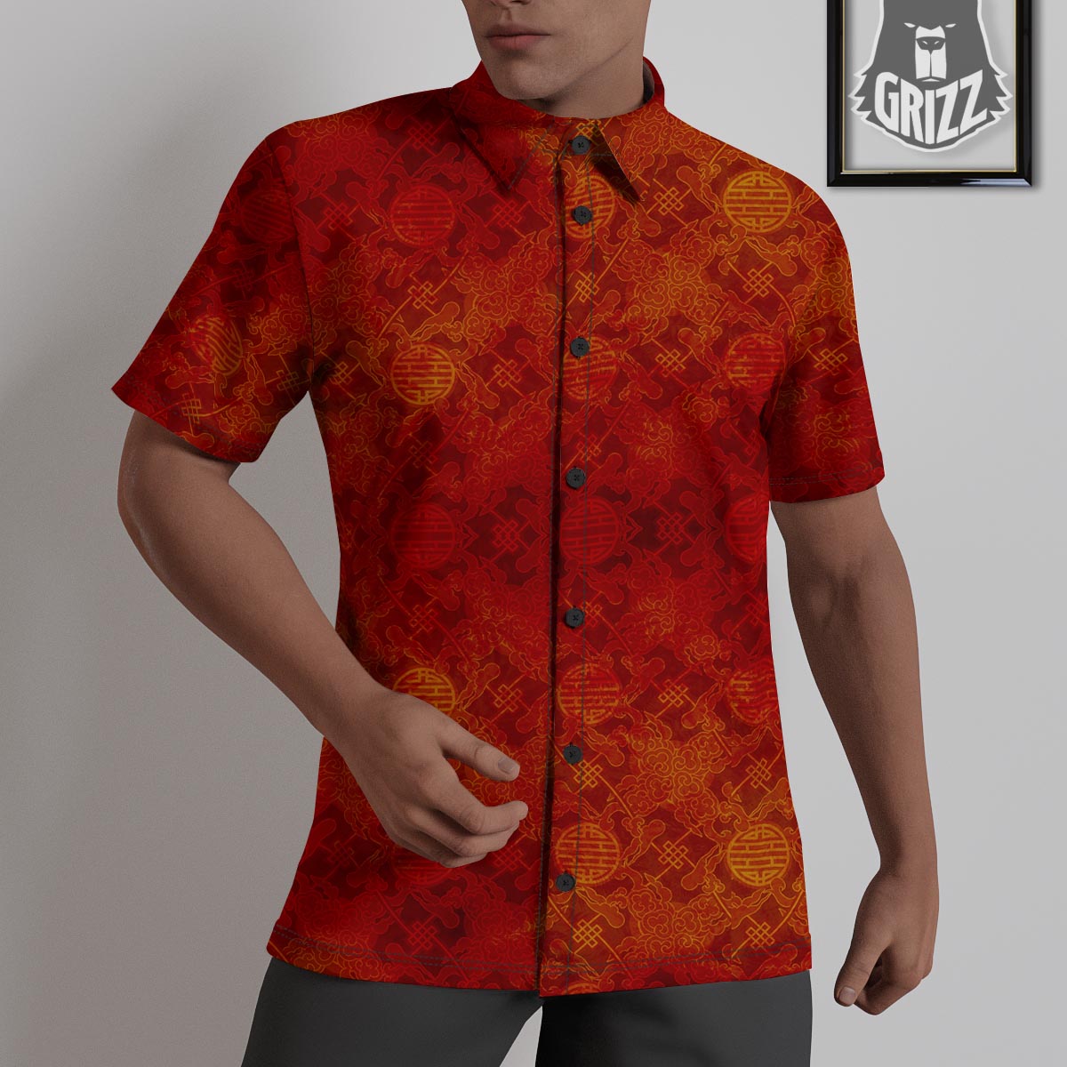 Chinese Red Print Pattern Untucked Shirts-grizzshop