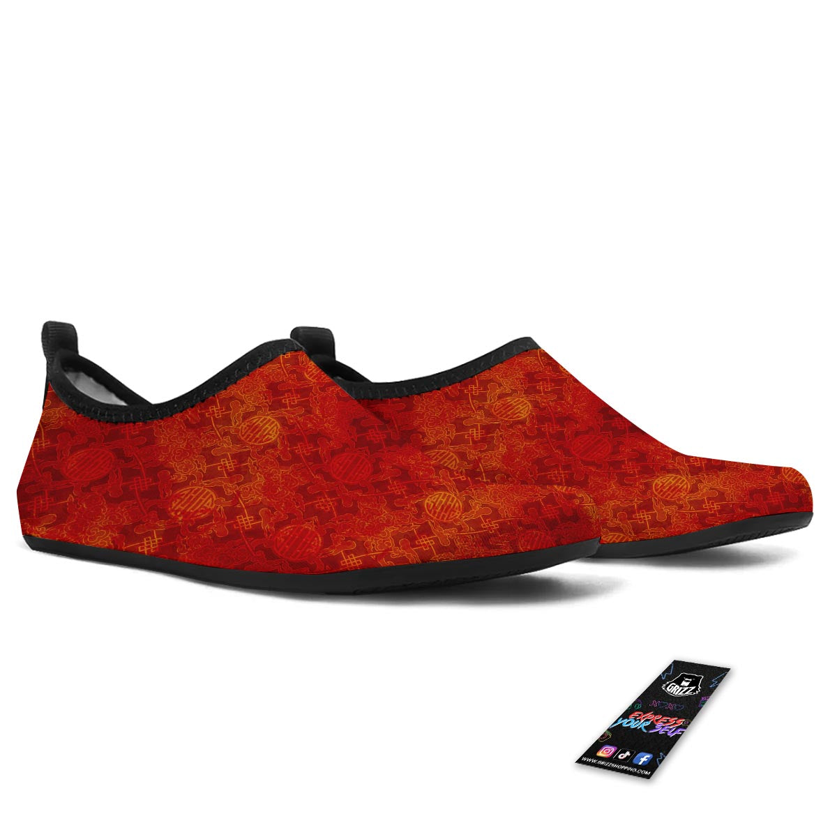 Chinese Red Print Pattern Water Shoes-grizzshop