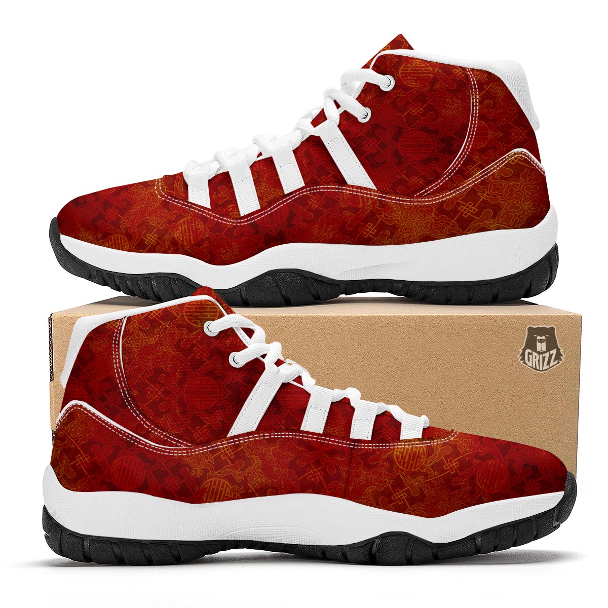 Chinese Red Print Pattern White Bball Shoes-grizzshop