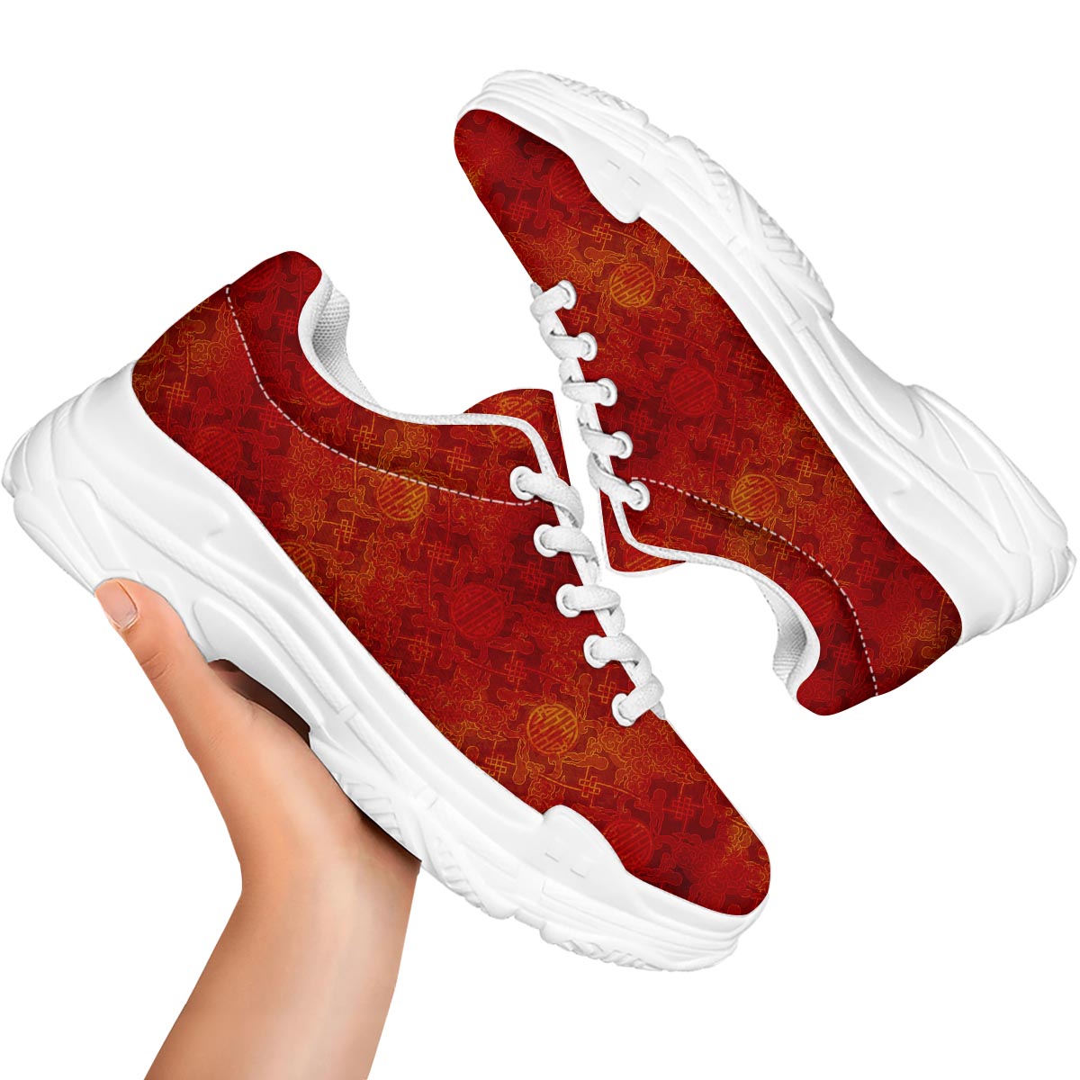 Chinese Red Print Pattern White Chunky Shoes-grizzshop