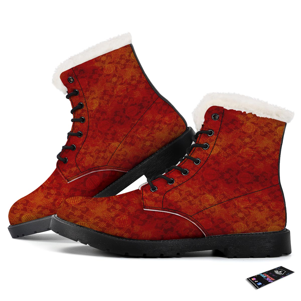 Chinese Red Print Pattern Winter Boots-grizzshop