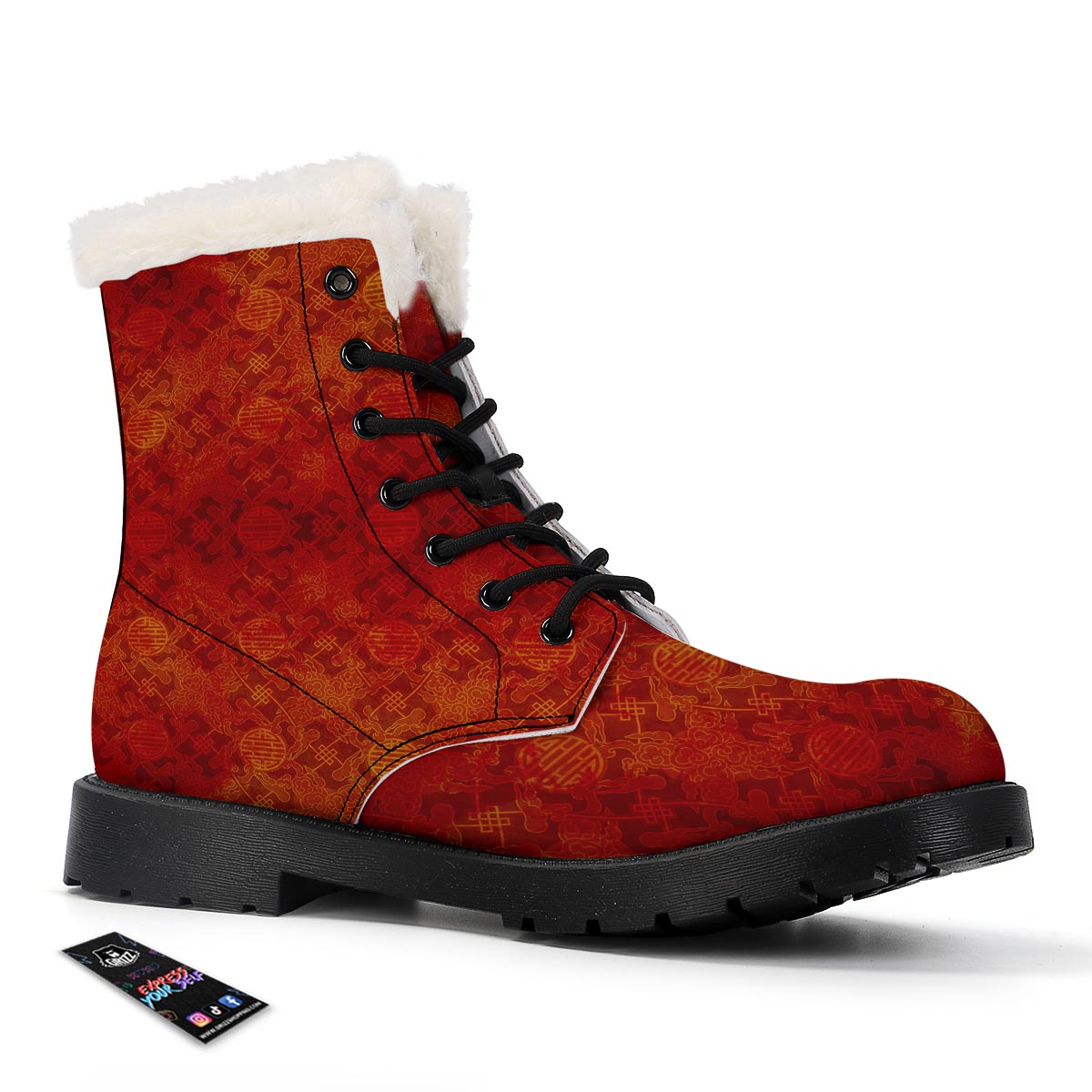 Chinese Red Print Pattern Winter Boots-grizzshop