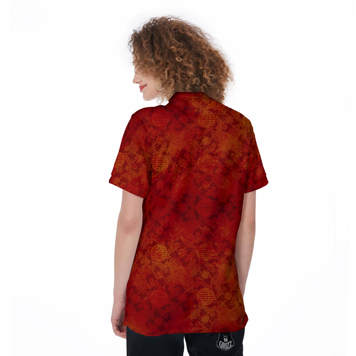 Chinese Red Print Pattern Women's Golf Shirts-grizzshop