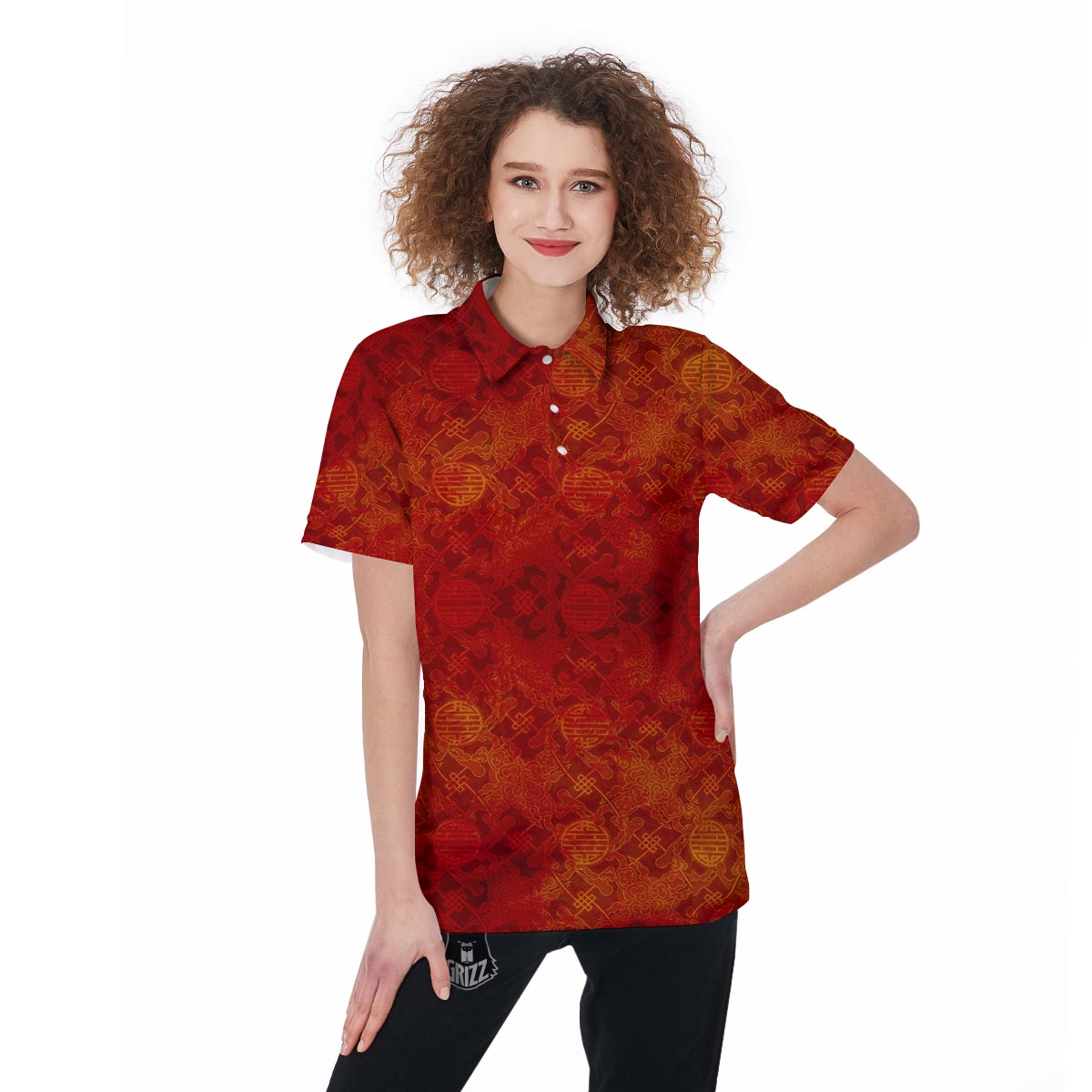 Chinese Red Print Pattern Women's Golf Shirts-grizzshop