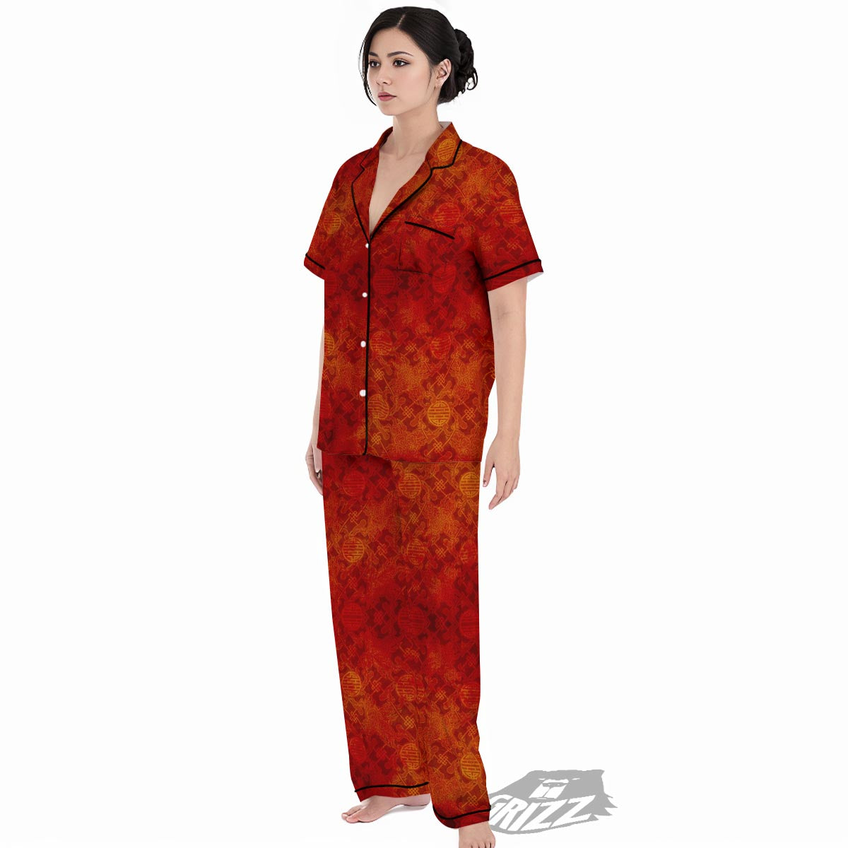 Chinese Red Print Pattern Women's Pajamas Set-grizzshop