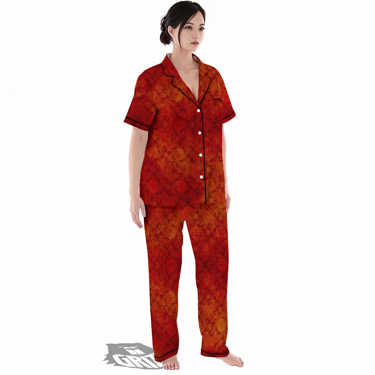 Chinese Red Print Pattern Women's Pajamas Set-grizzshop