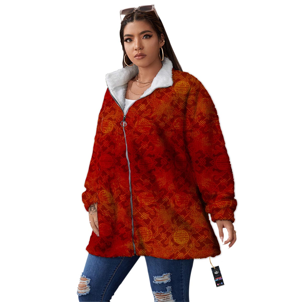 Chinese Red Print Pattern Women's Sherpa Jacket-grizzshop