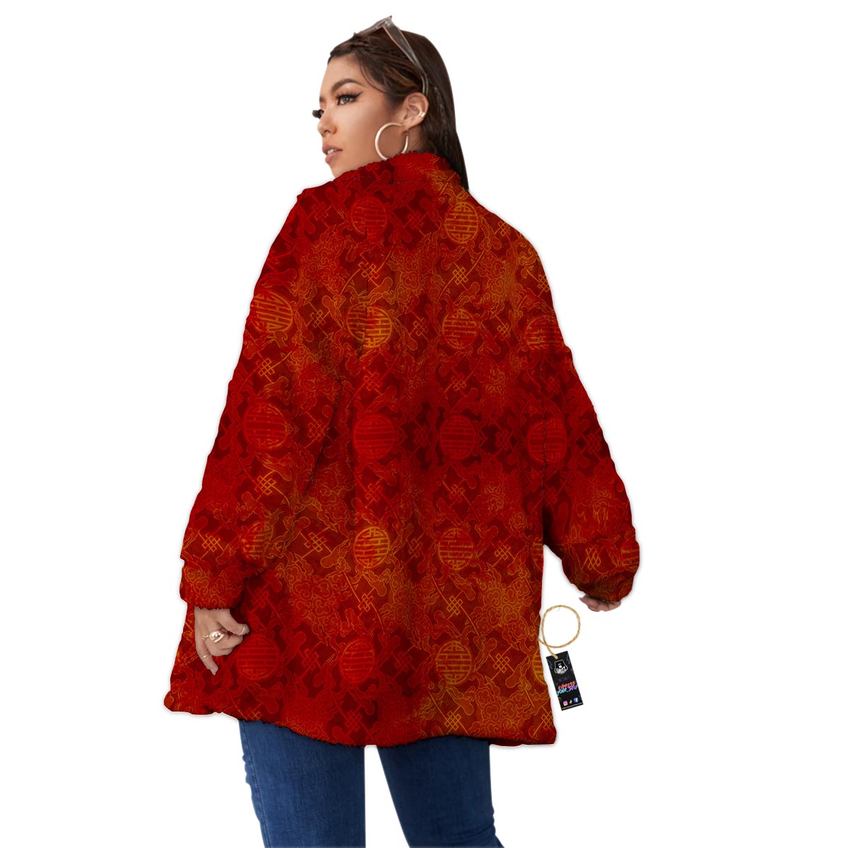 Chinese Red Print Pattern Women's Sherpa Jacket-grizzshop