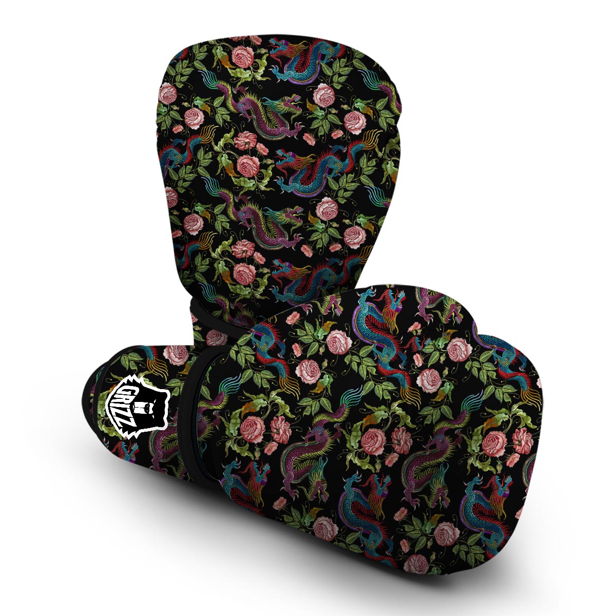 Chinese Rose Dragon Pattern Print Boxing Gloves-grizzshop