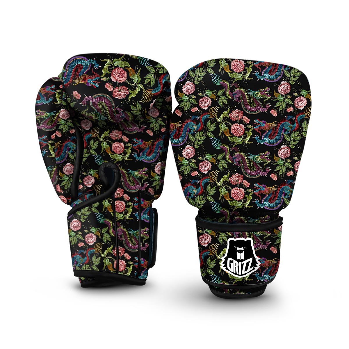 Chinese Rose Dragon Pattern Print Boxing Gloves-grizzshop