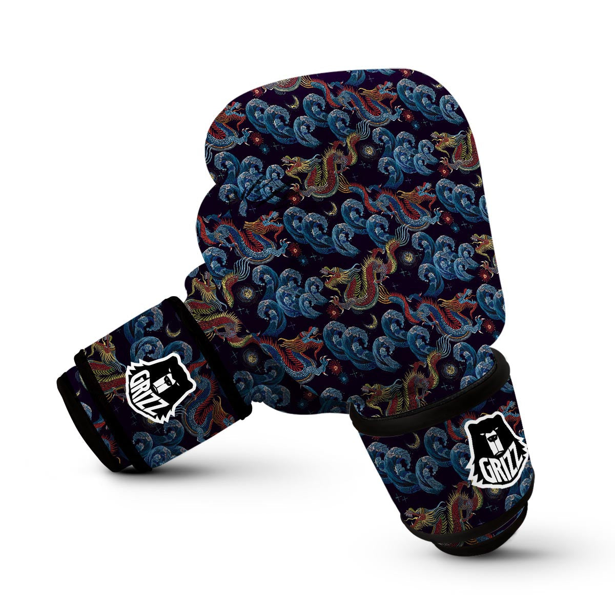 Chinese Wave Dragon Pattern Print Boxing Gloves-grizzshop