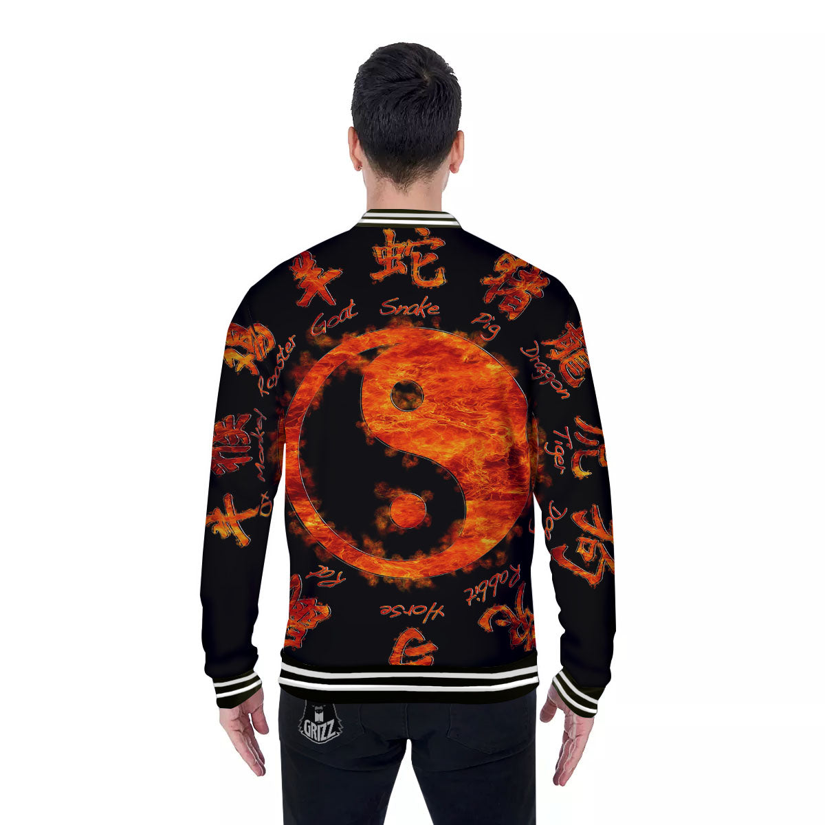 Chinese Zodiac Fire Yin Yang Print Baseball Jacket-grizzshop