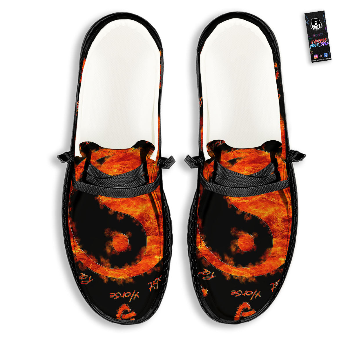 Chinese Zodiac Fire Yin Yang Print Black Loafers-grizzshop