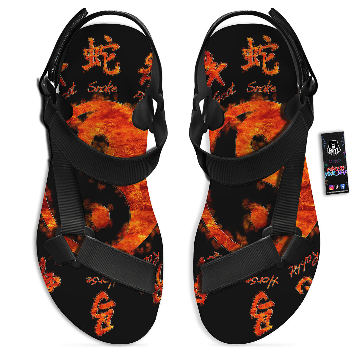 Chinese Zodiac Fire Yin Yang Print Black Open Toe Sandals-grizzshop