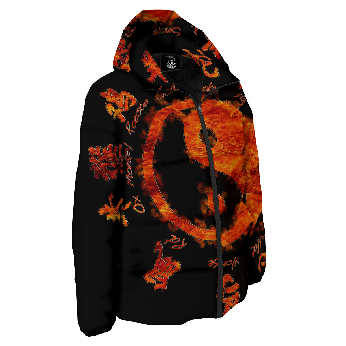 Chinese Zodiac Fire Yin Yang Print Down Jacket-grizzshop
