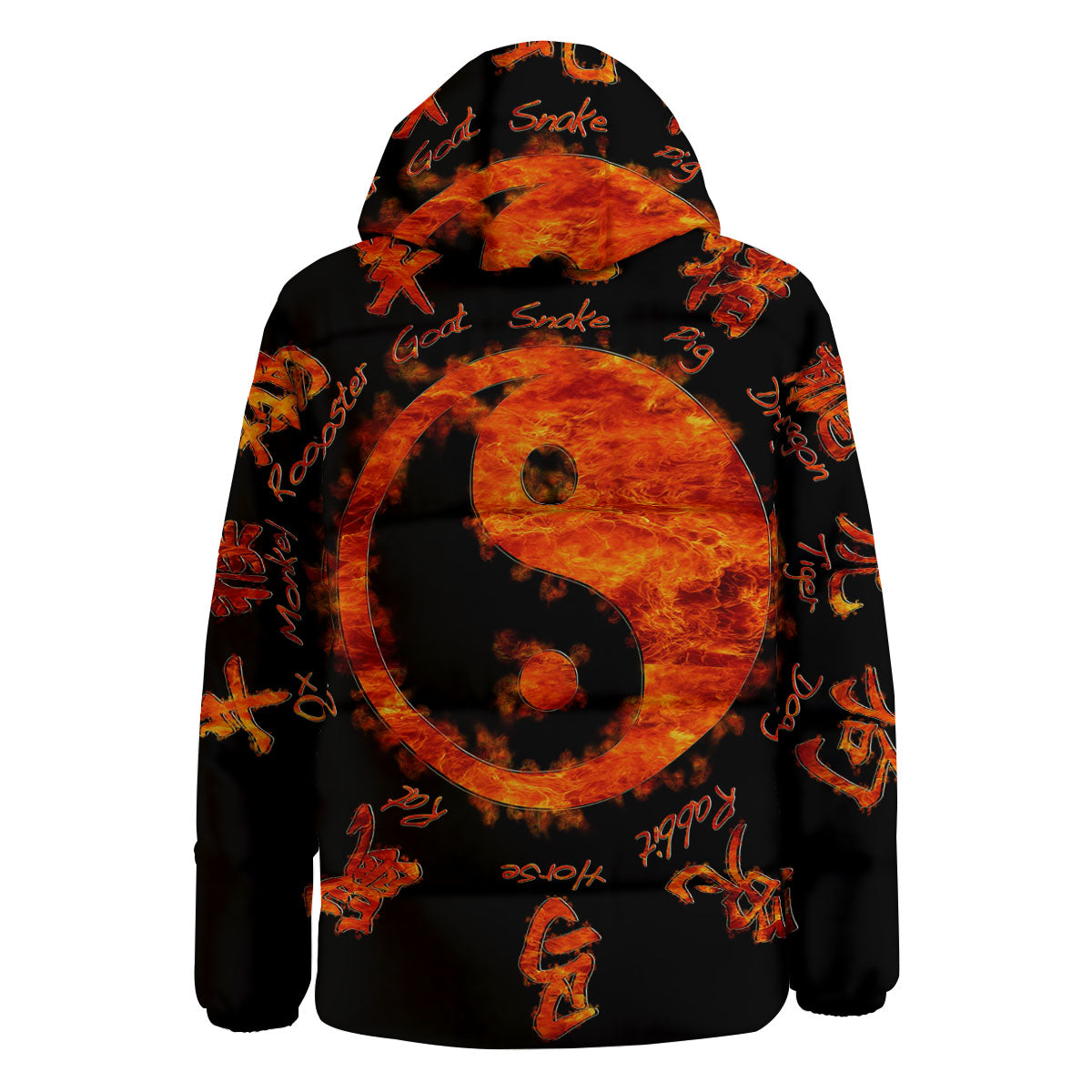 Chinese Zodiac Fire Yin Yang Print Down Jacket-grizzshop