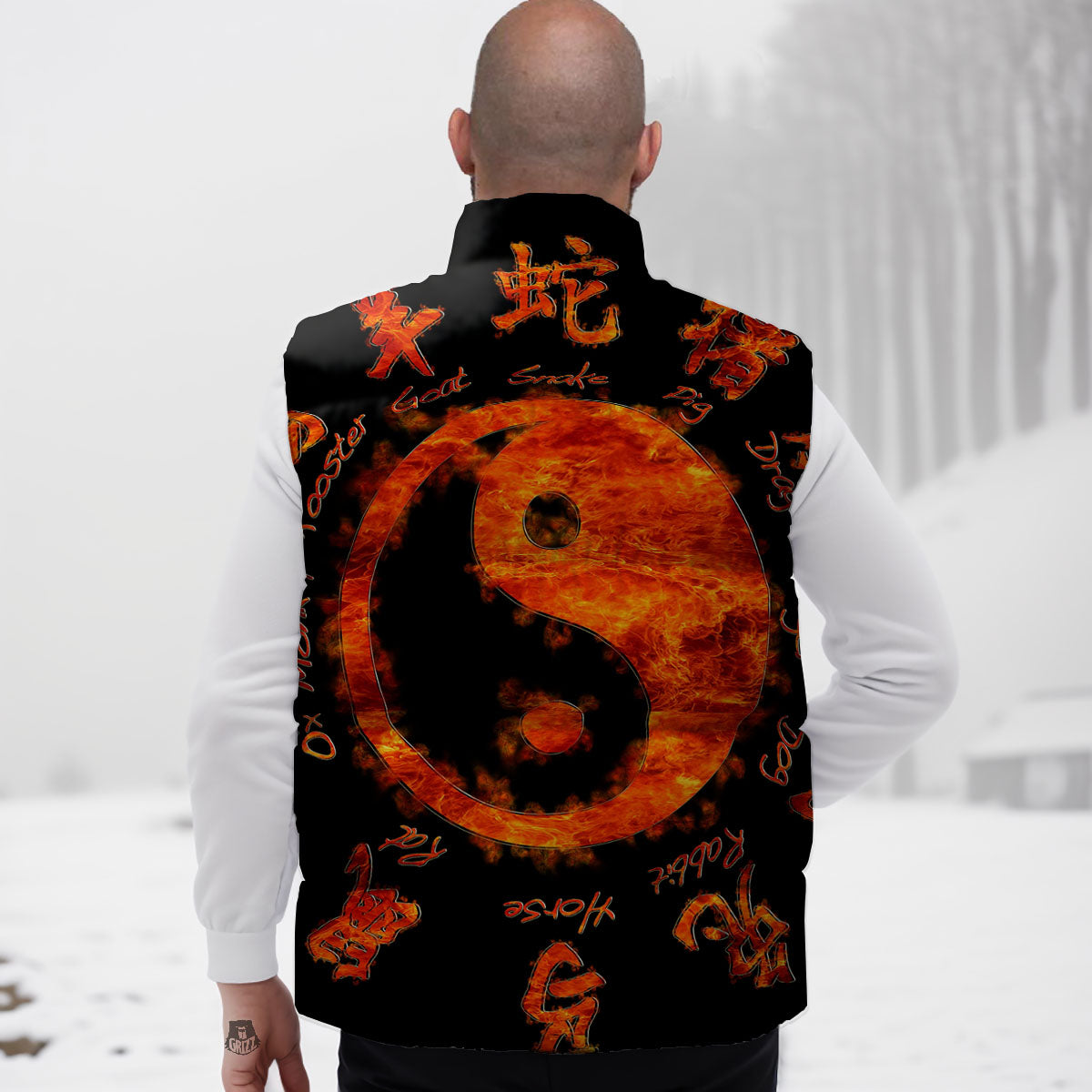 Chinese Zodiac Fire Yin Yang Print Down Vest