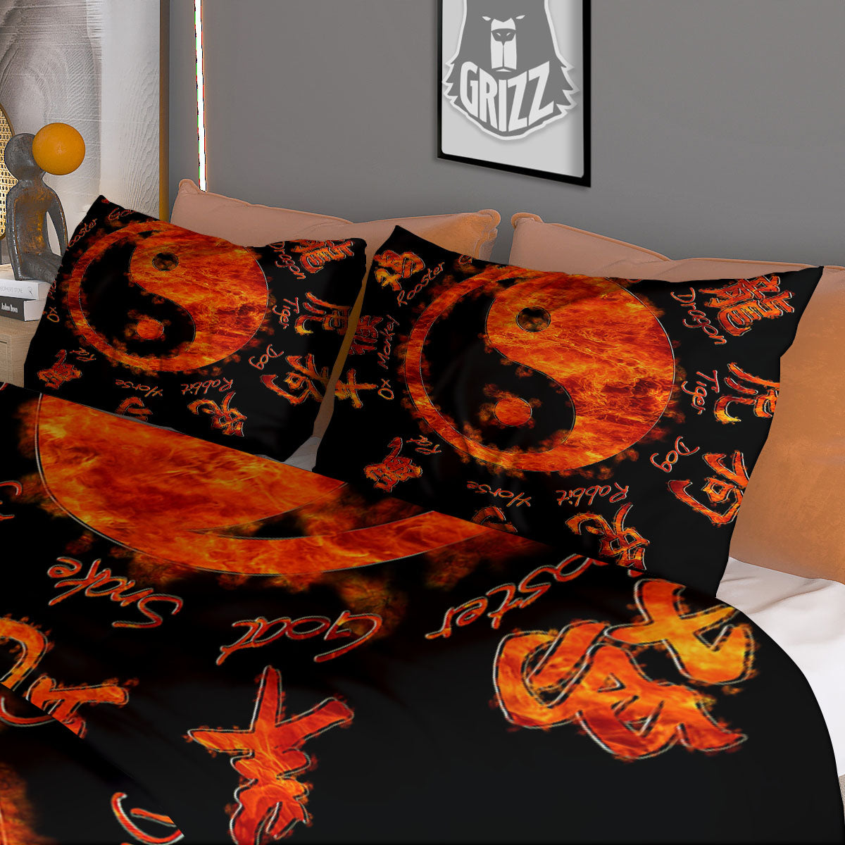 Chinese Zodiac Fire Yin Yang Print Duvet Cover Bedding Set