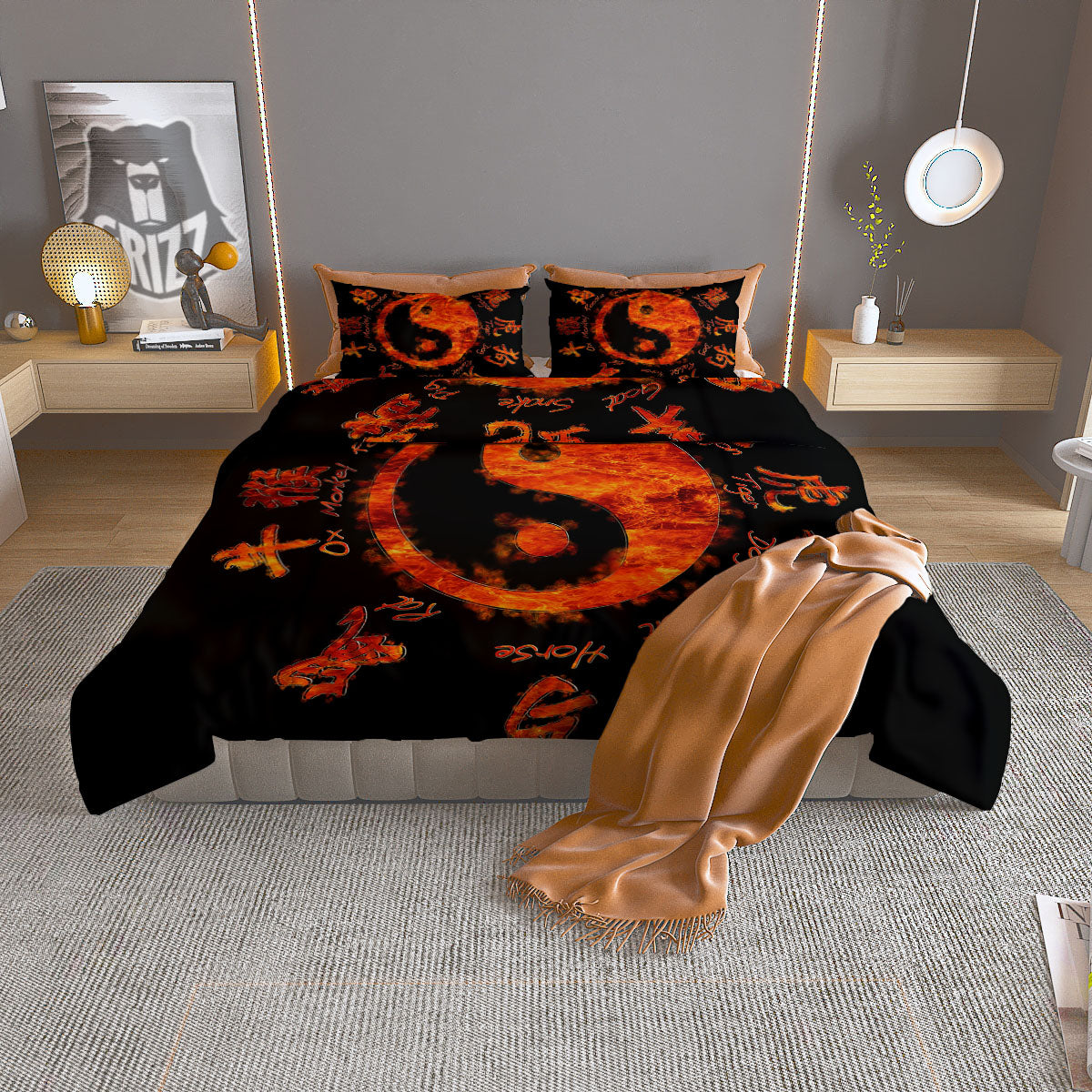 Chinese Zodiac Fire Yin Yang Print Duvet Cover Bedding Set