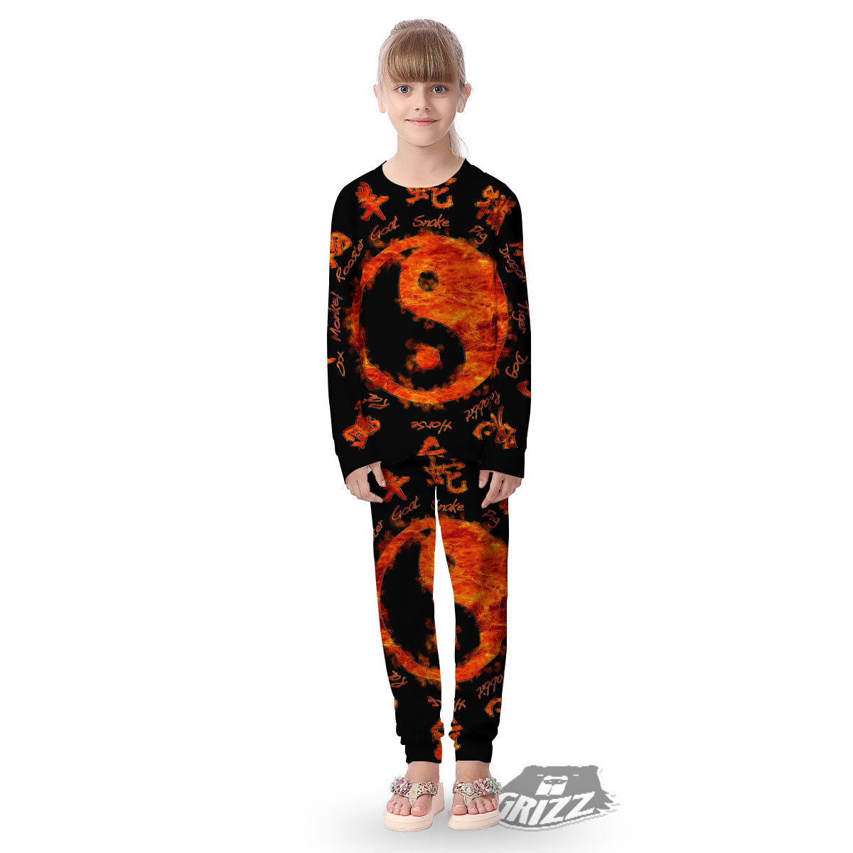 Chinese Zodiac Fire Yin Yang Print Kid's Pajamas-grizzshop