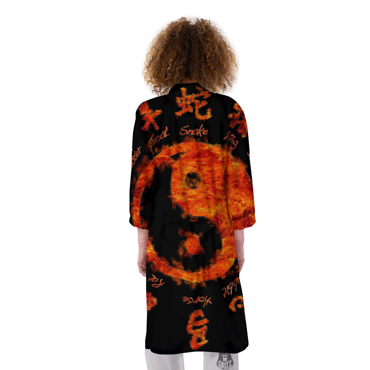 Chinese Zodiac Fire Yin Yang Print Kimono-grizzshop