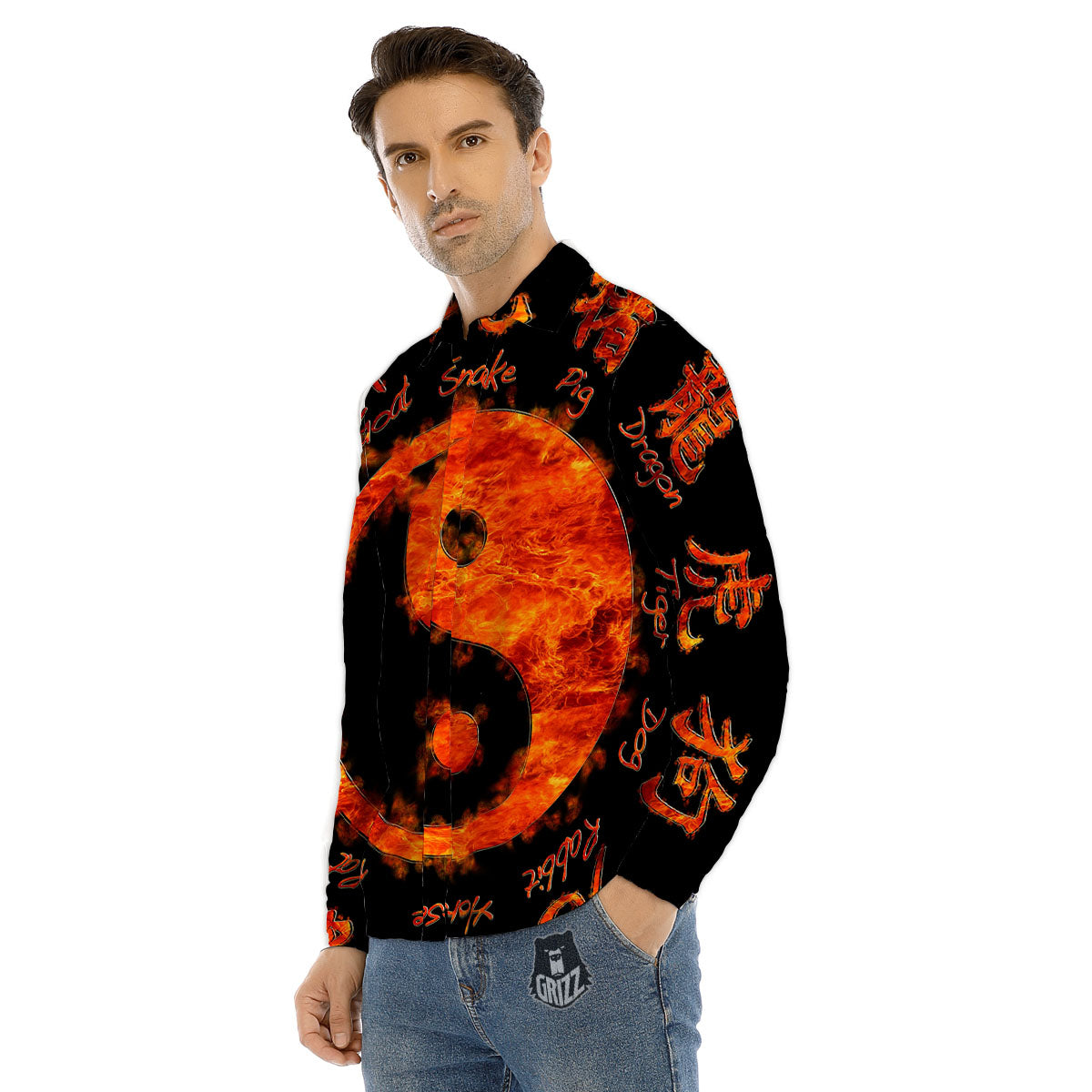 Chinese Zodiac Fire Yin Yang Print Men's Dress Shirts-grizzshop