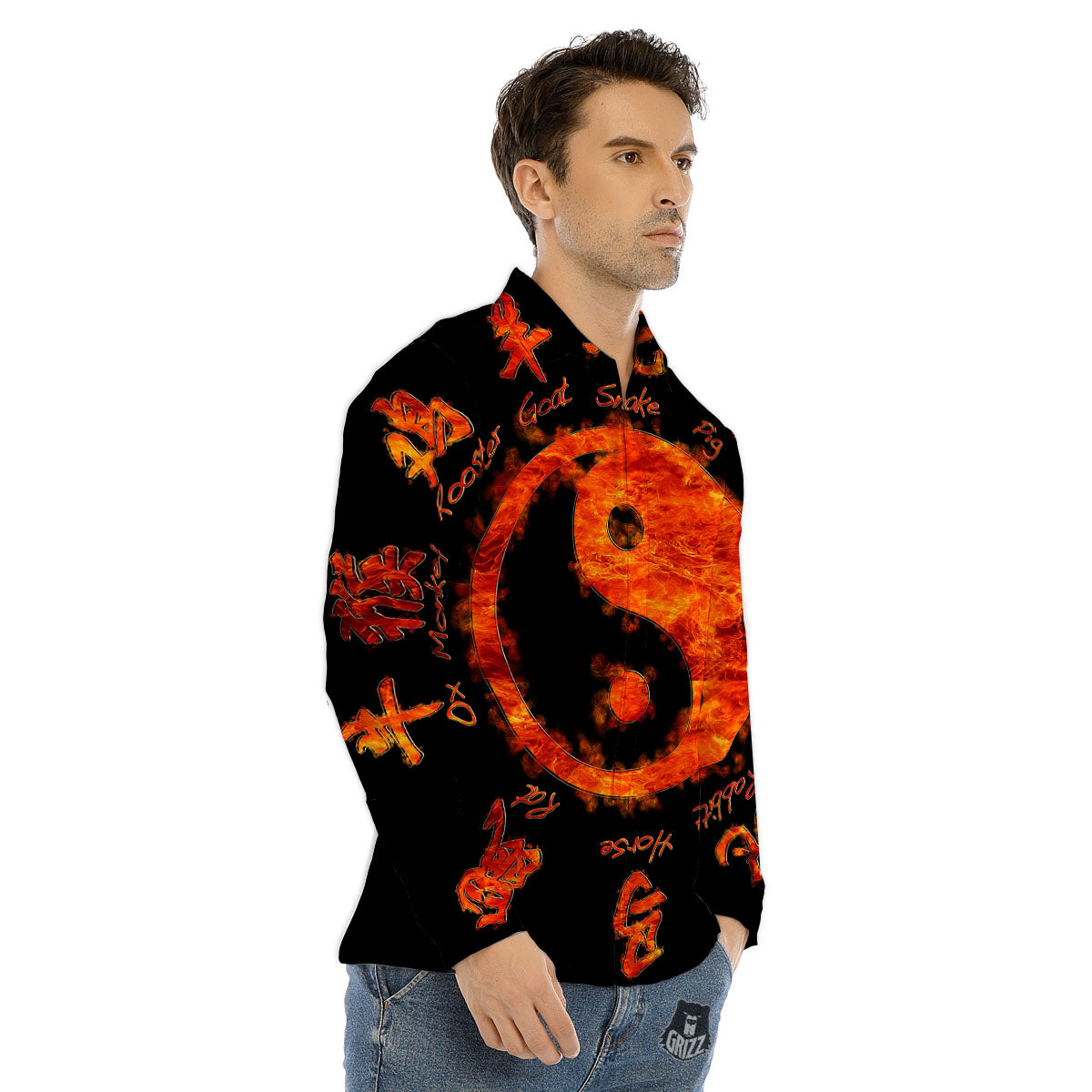 Chinese Zodiac Fire Yin Yang Print Men's Dress Shirts-grizzshop
