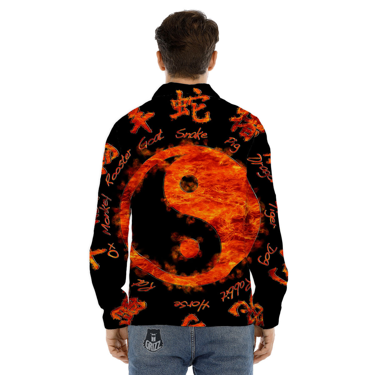 Chinese Zodiac Fire Yin Yang Print Men's Dress Shirts-grizzshop