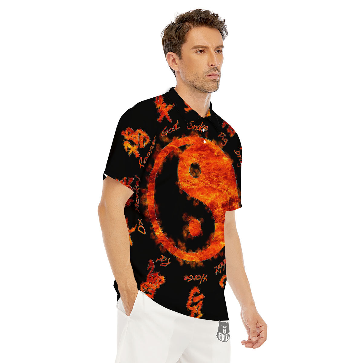 Chinese Zodiac Fire Yin Yang Print Men's Golf Shirts-grizzshop