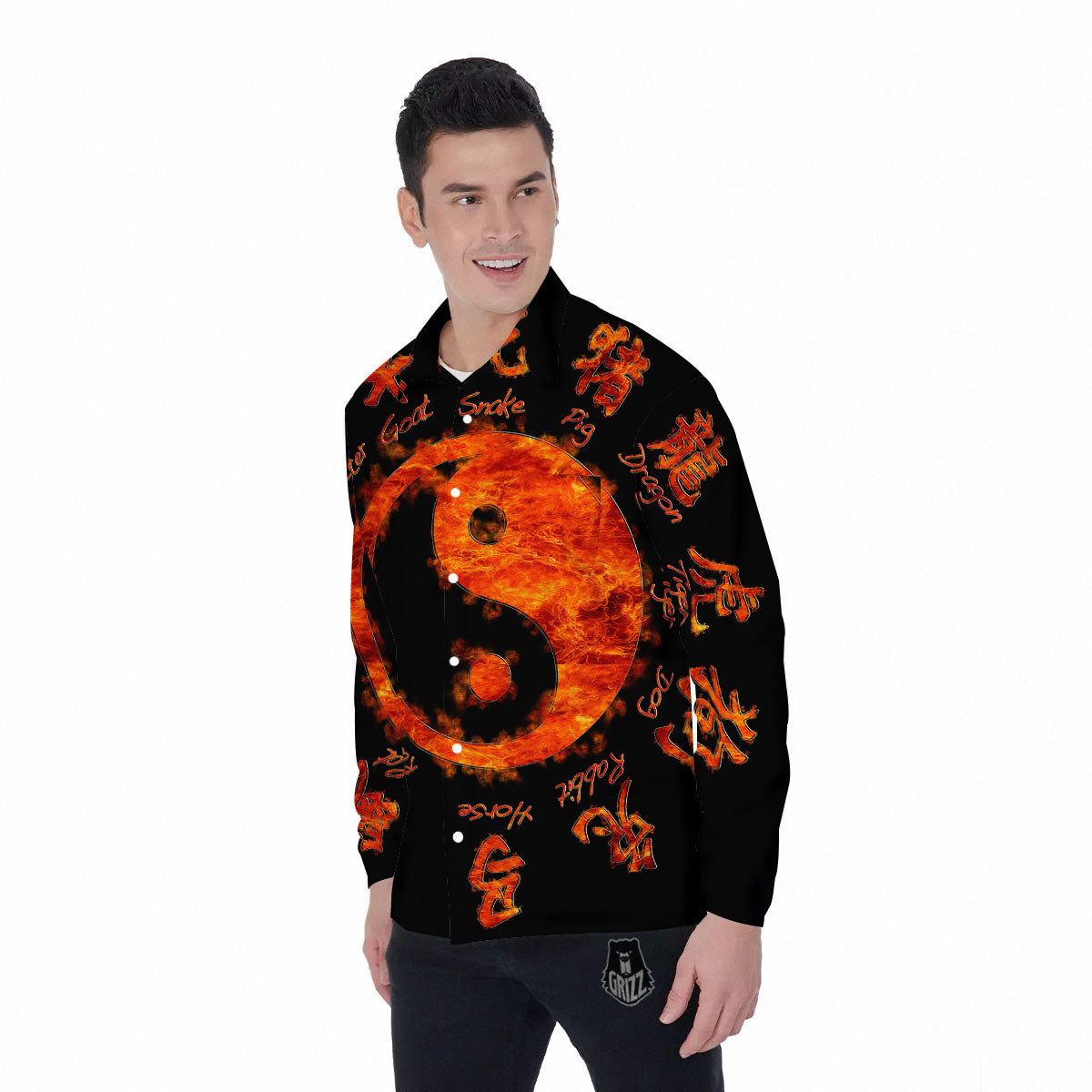 Chinese Zodiac Fire Yin Yang Print Men's Long Sleeve Shirts-grizzshop
