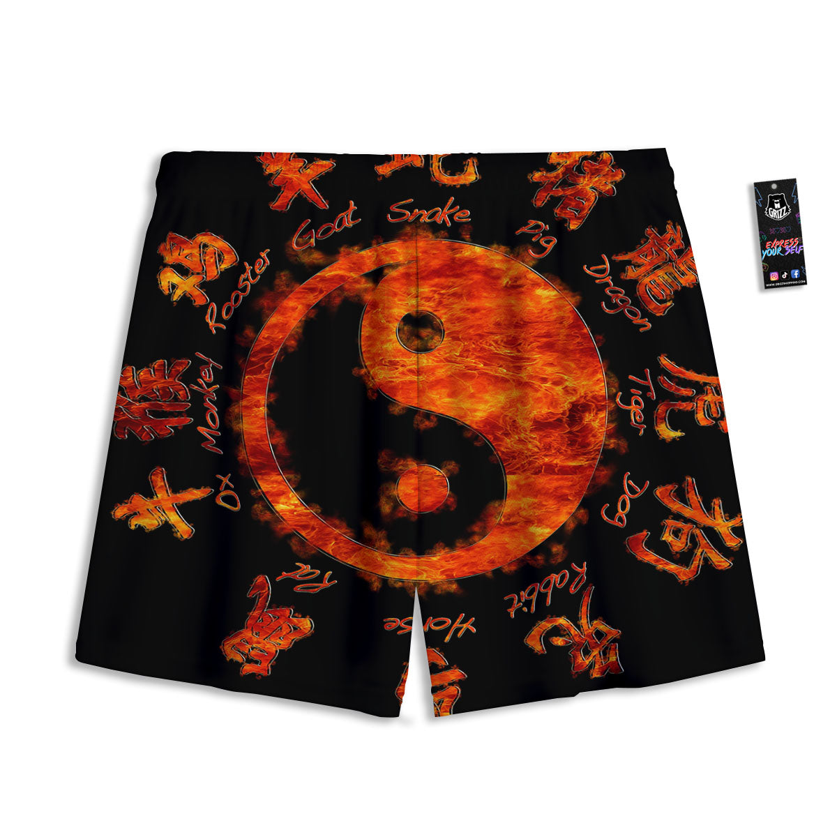 Chinese Zodiac Fire Yin Yang Print Mesh Shorts