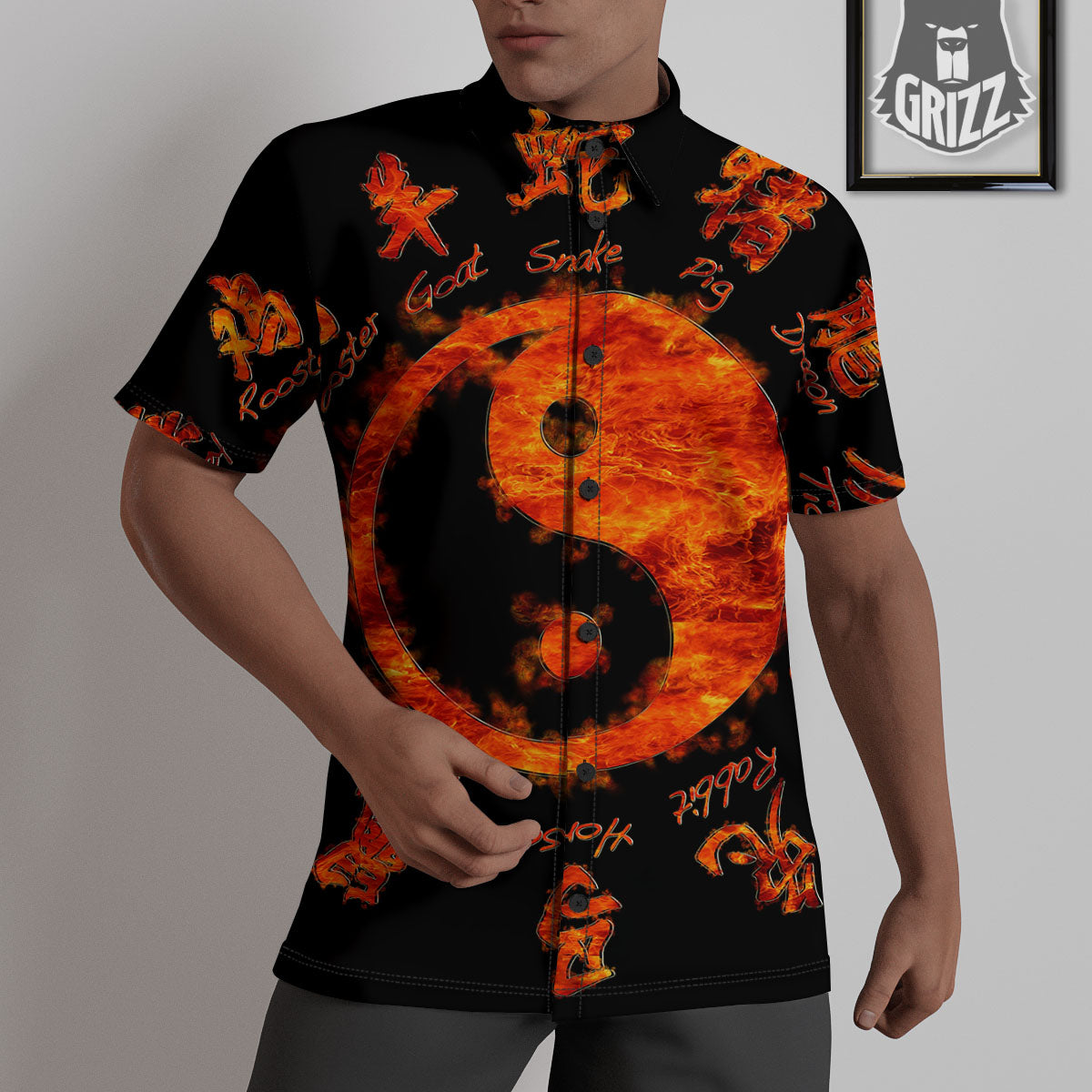 Chinese Zodiac Fire Yin Yang Print Untucked Shirts-grizzshop