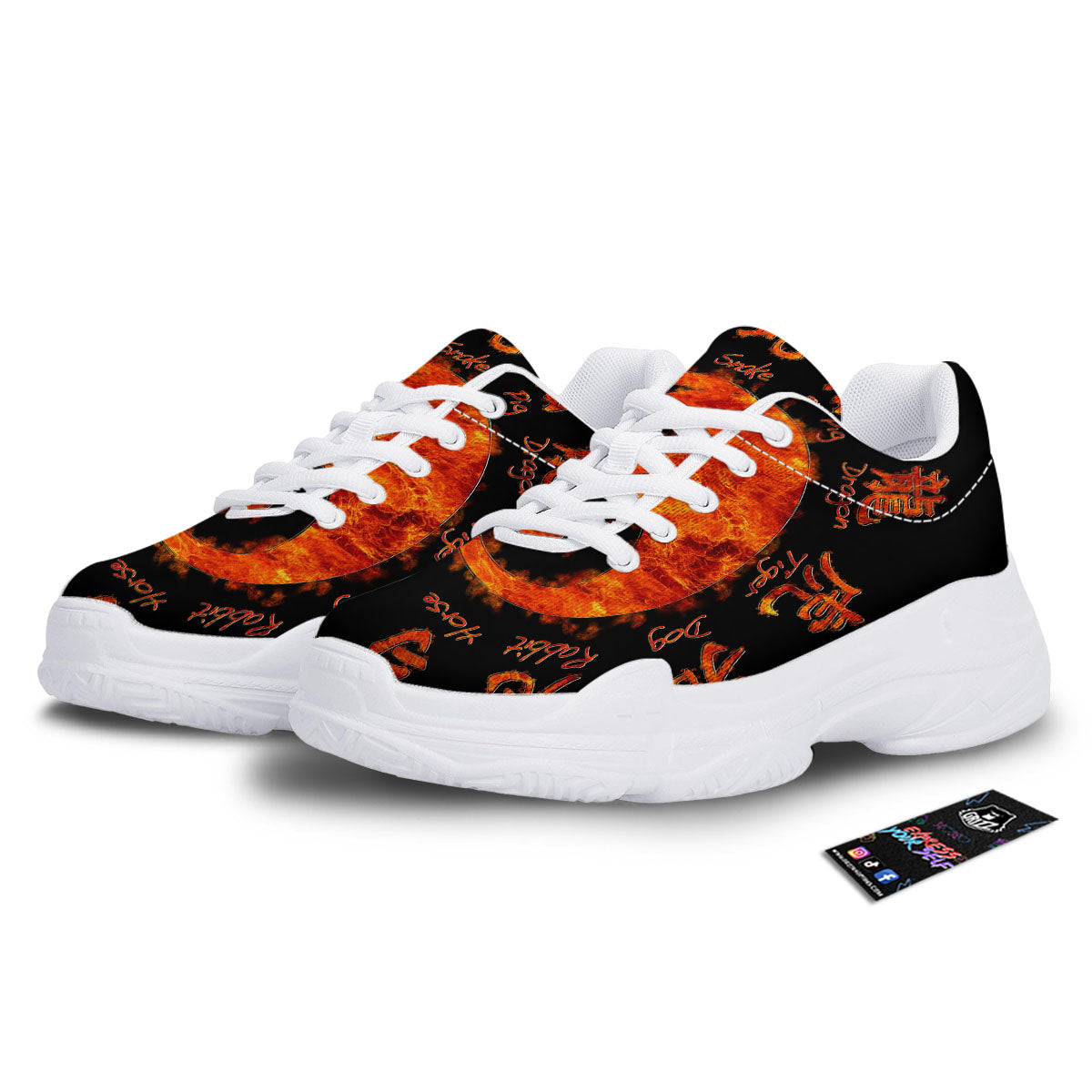 Chinese Zodiac Fire Yin Yang Print White Chunky Shoes-grizzshop