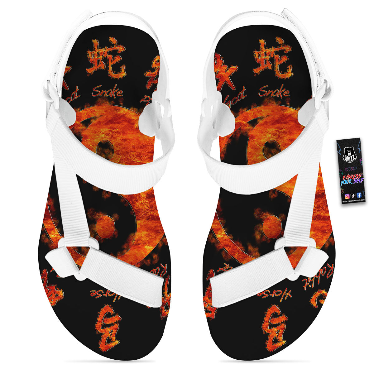 Chinese Zodiac Fire Yin Yang Print White Open Toe Sandals-grizzshop